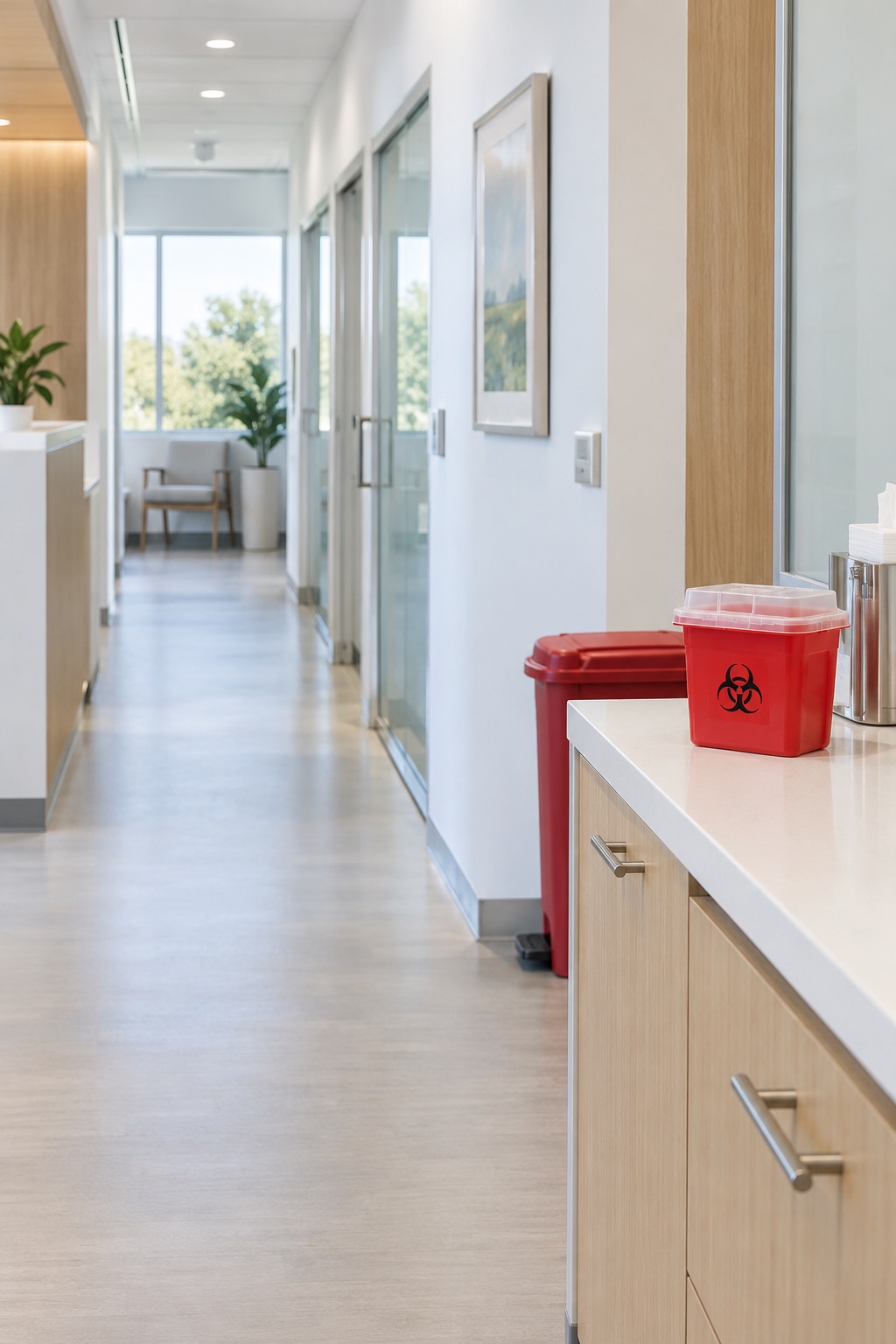 Illustrative clean clinic corridor with closed medical waste containers